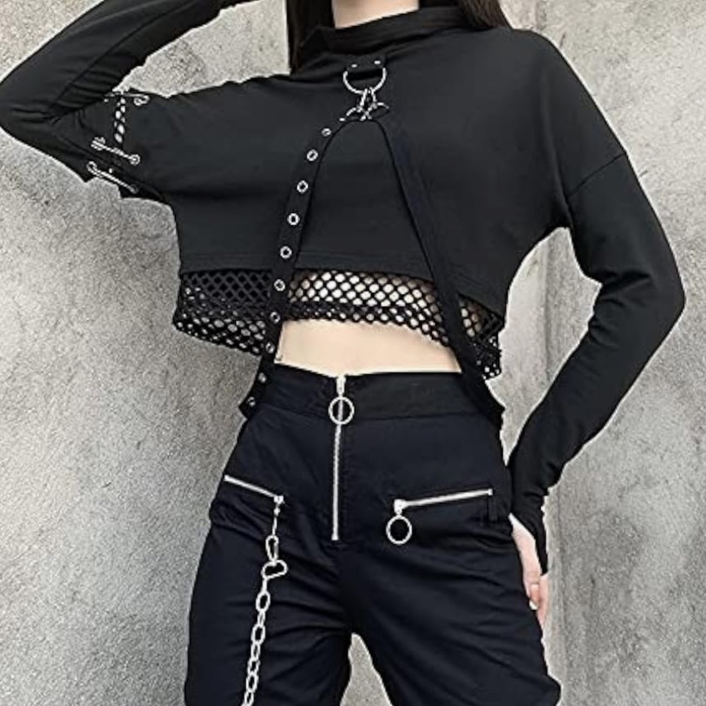 Black Cropped Hooded Pullover with Straps and Fishnet Hem-S-Offers Welcomed